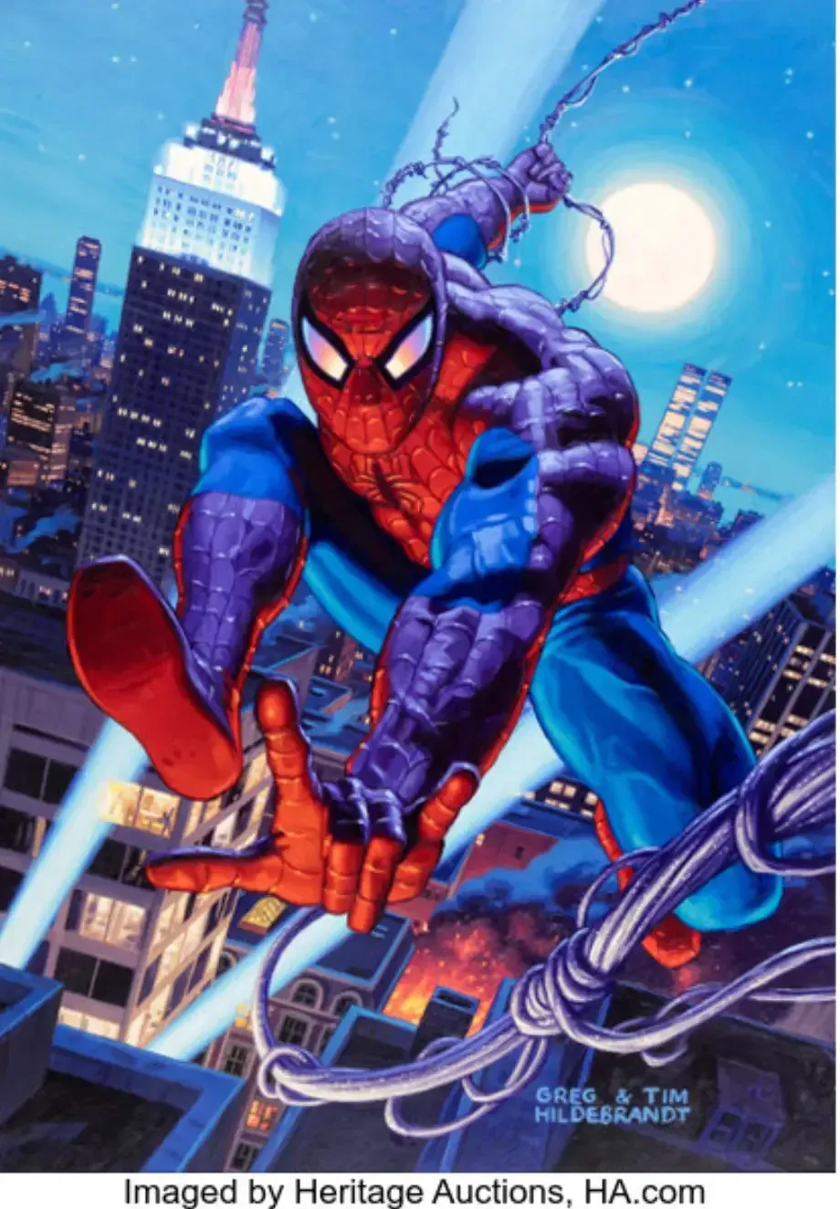 Image of 1994 Fleer card with Spider-Man coming toward viewer with blue and red suit with webs held with right hand.