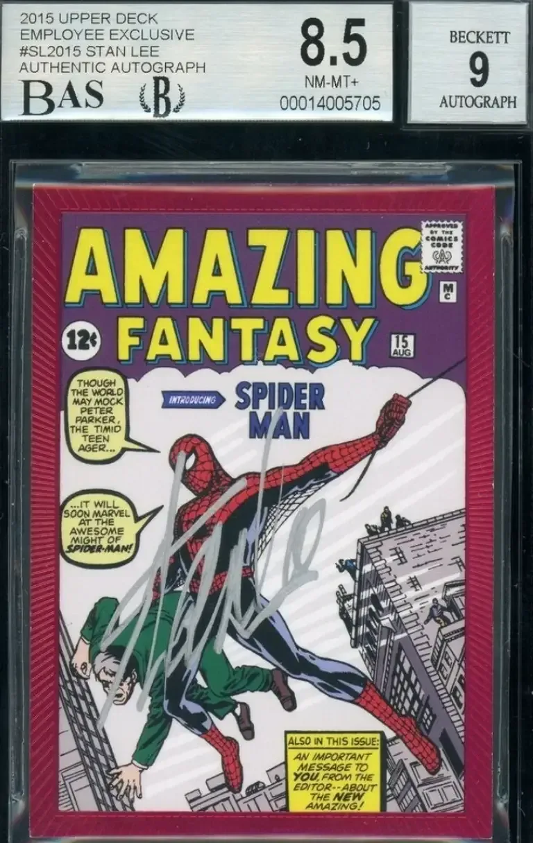 Image of 2015 Upper Deck card featuring 1962 comic book cover with Stan Lee autograph, and features Spider-Man swinging.