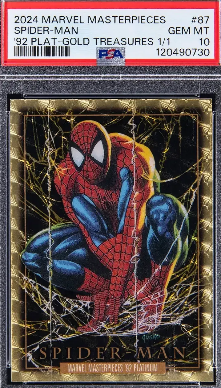 2024 Upper Deck Marvel Masterpieces '92 Platinum Gold Treasures 1-of-1 PSA 10 Spider-Man is pictured with bright illustration