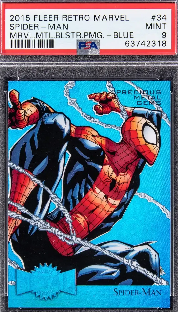 Image of 2015 Fleer retro Spider-Man card PMG blue with blue and red suited spider man swinging with webs in full view.