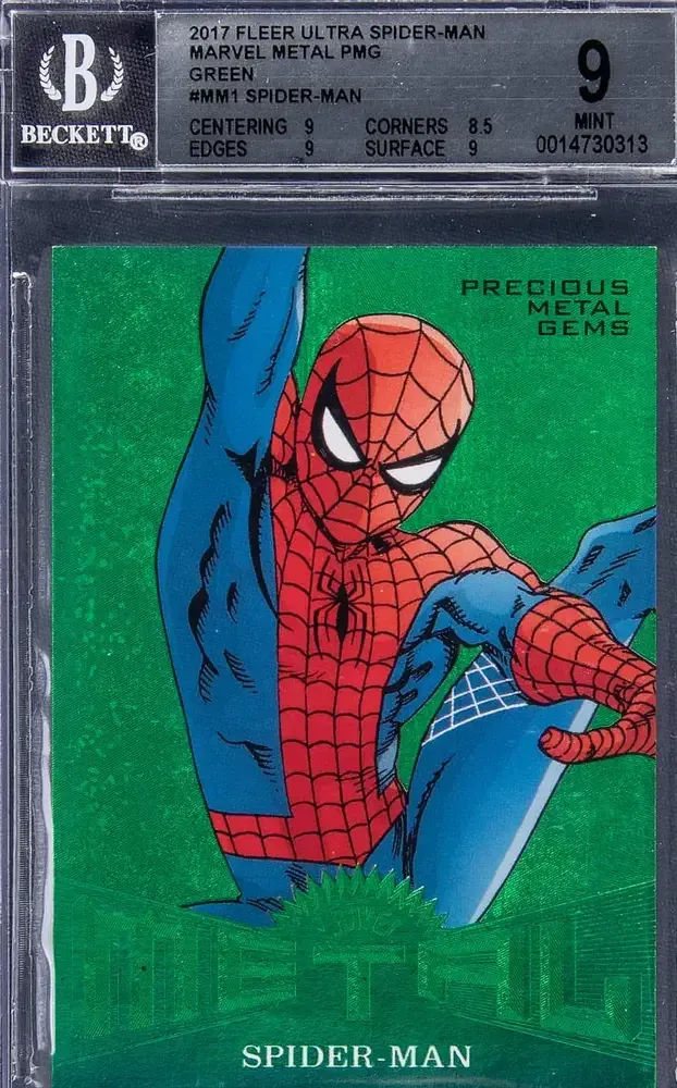 Image for 2017 Fleer Ultra Precious Metal Gems Green Spider-Man in red and blue on bright green card.