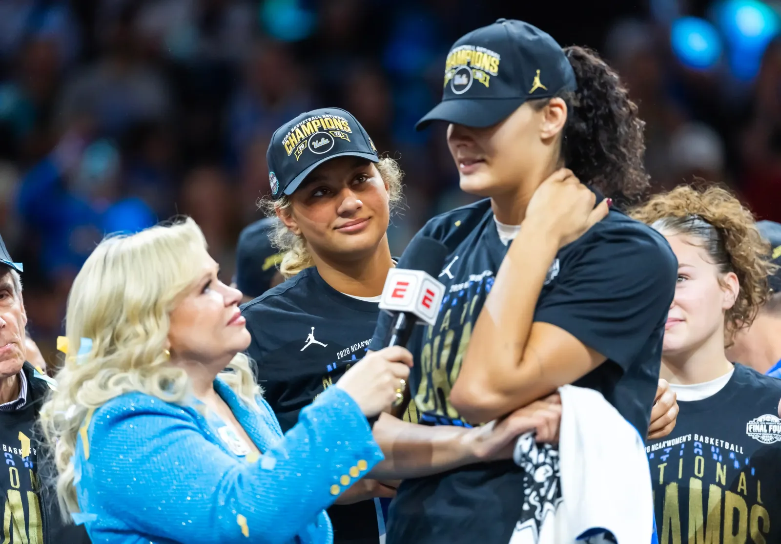 Holly Rowe interviews UCLA Bruins center Lauren Betts and sister Sienna after winning the women's 2026 NCAA Tournament.