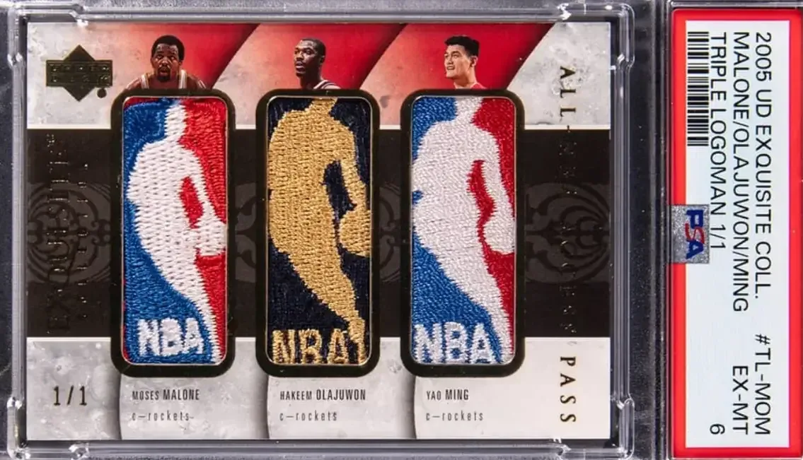 A PSA 6 one-of-one 2005-06 Upper Deck Exquisite Collection Triple Logoman: Moses Malone, Hakeem Olajuwon, Yao Ming