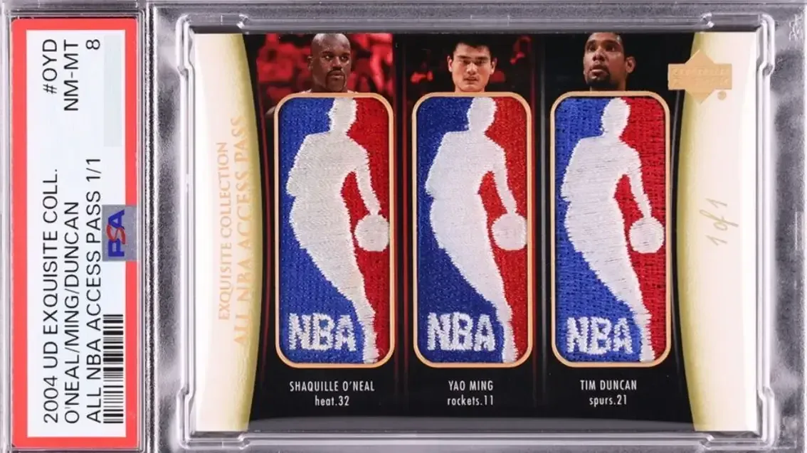 A PSA 8 one-of-one 2004 Upper Deck Exquisite Collection Triple Logoman of Shaquille O'Neal, Yao Ming, and Tim Duncan