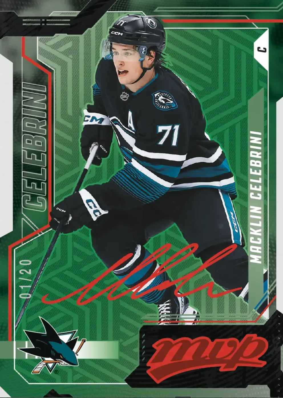 Macklin Celebrini with black sharks hockey sweater on green card with red autgraph for the Upper Deck MVP hockey set.