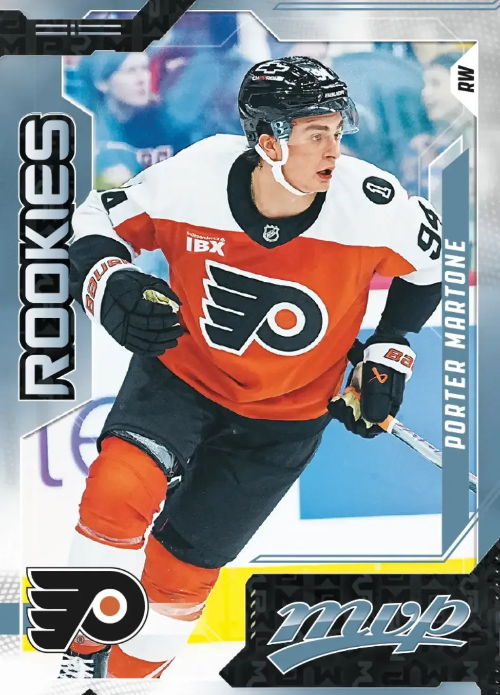 Image of Porter Martone in orange and black flyers hockey uniform, with look of concentration in his eyes, on hockey card.