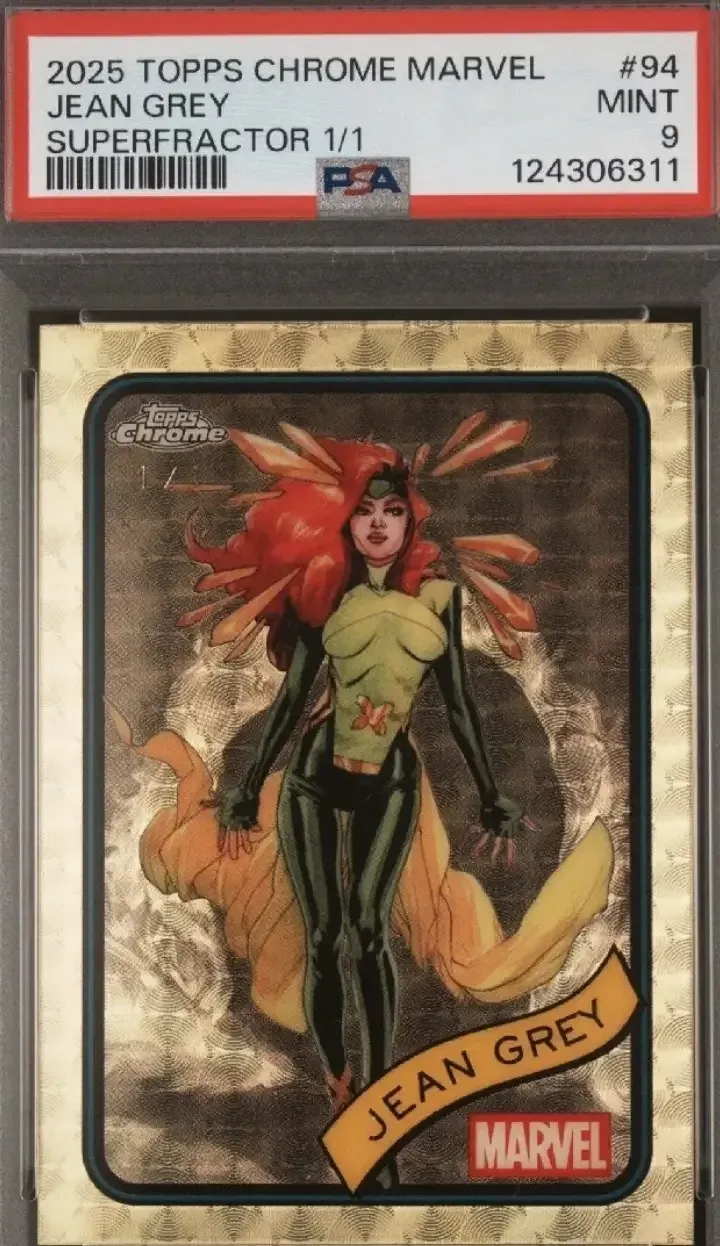 image of topps superfractor with jean grey with green suit and red hair, with yellow cape.