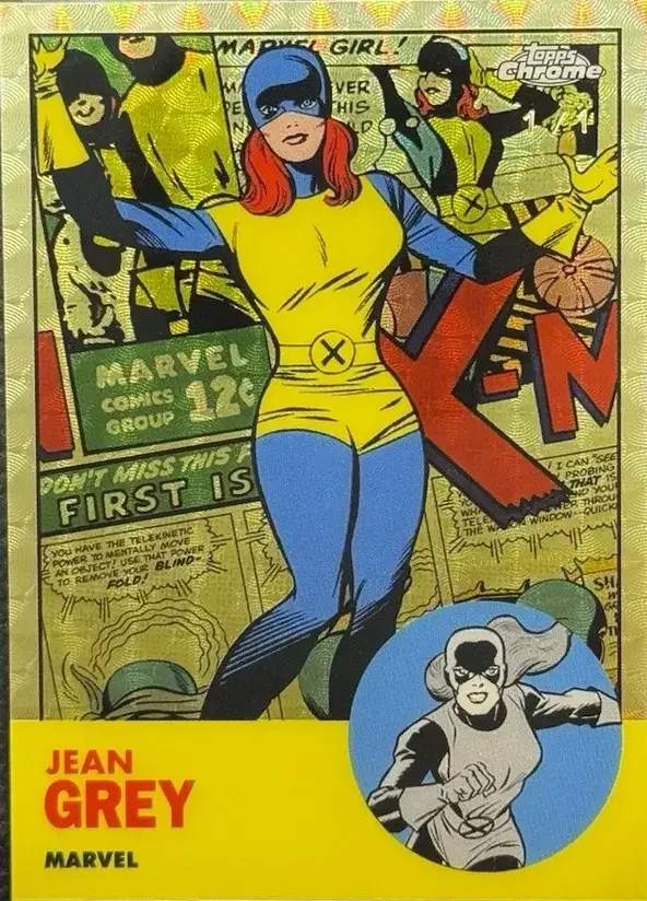 Image of Jean Grey card in her blue and yellow X-Men suit with yellow background, with small black and white picture of her