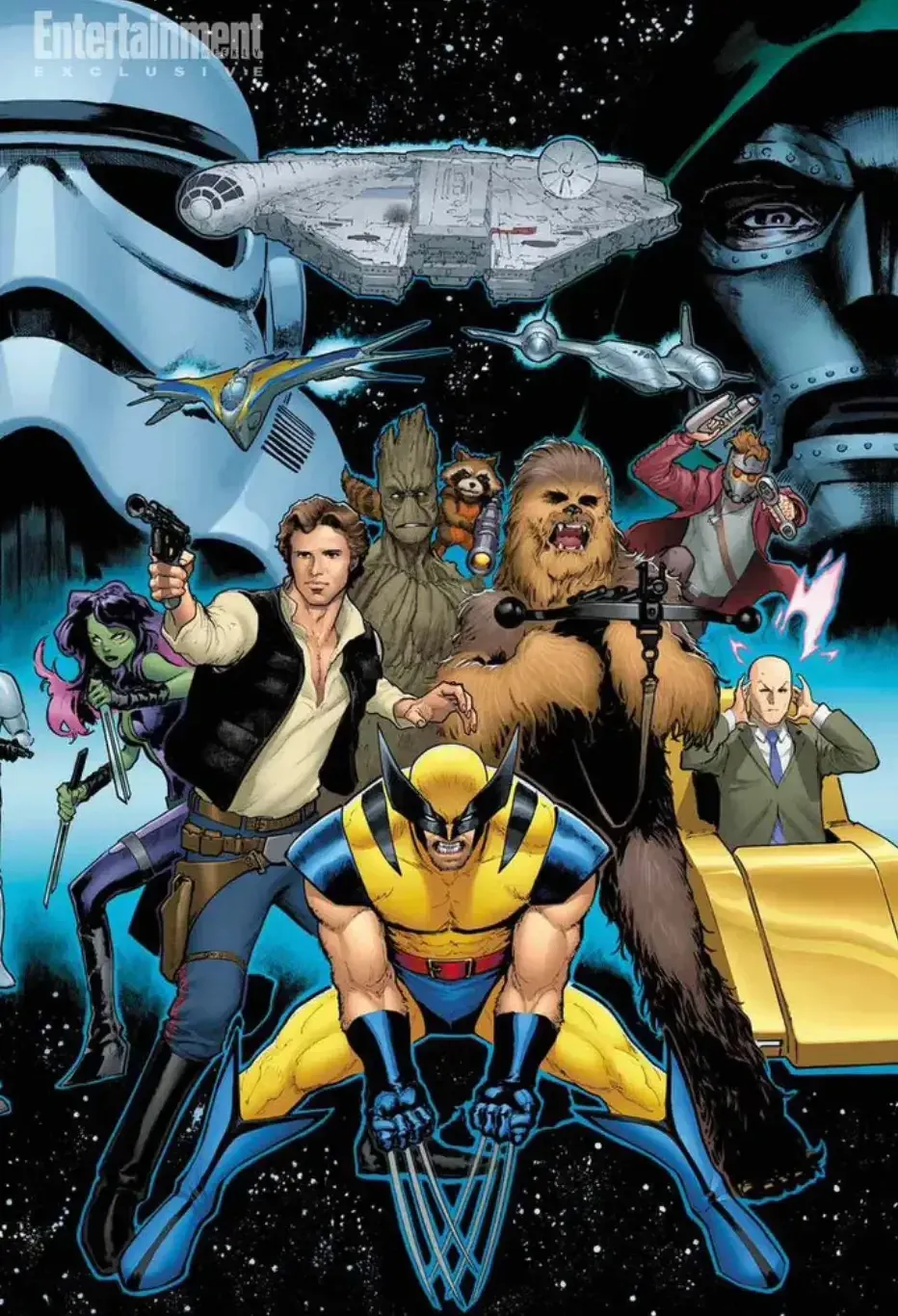 World and universes collide as characters like Wolverine and Dr. Doom intersect with Han Solo and Chewbacca.