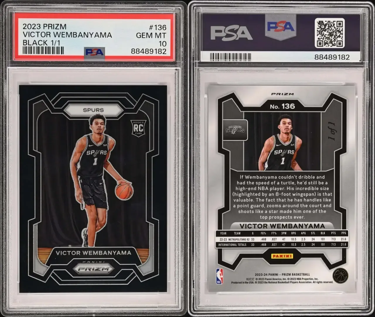 2023 Panini Prizm Victor Wembanyama 1/1 Black Prizm PSA 10