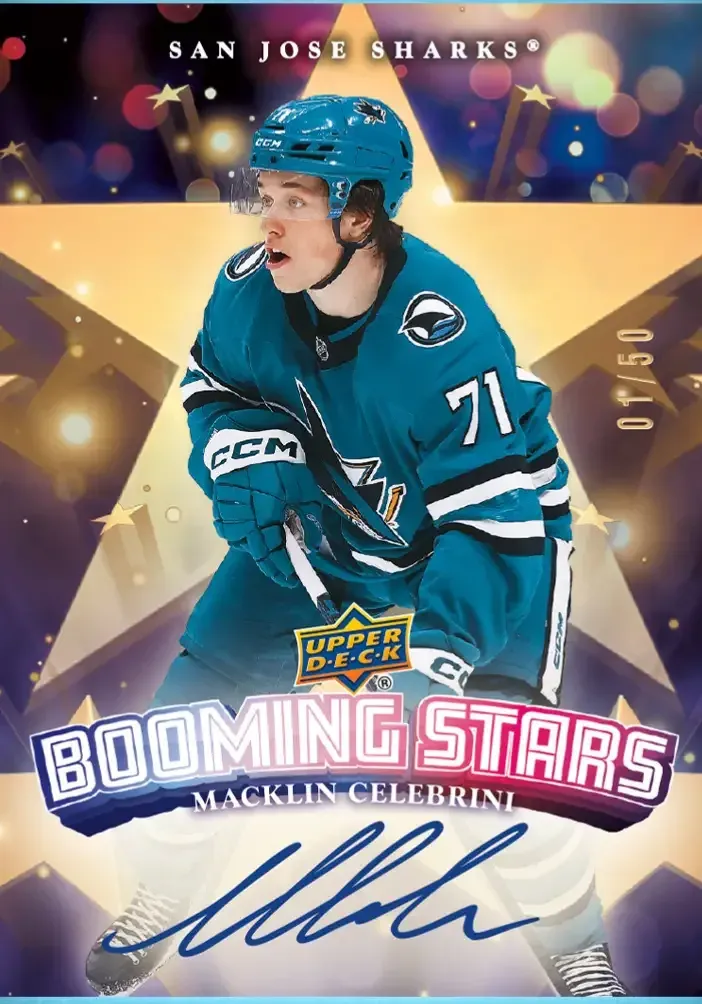 Image of Macklin Celebrini over white star background with "Booming Stars" layered over the top of the player.