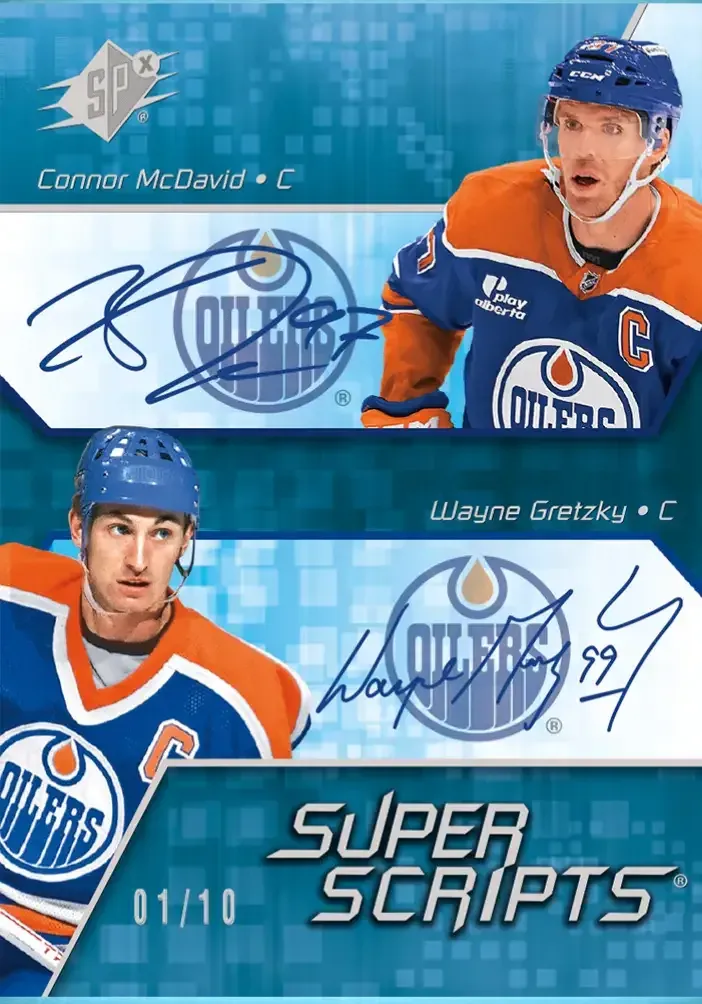 Image of a trading card featuring Connor McDavid (top) and Wayne Gretzky (bottom) on blue background with their autographs.