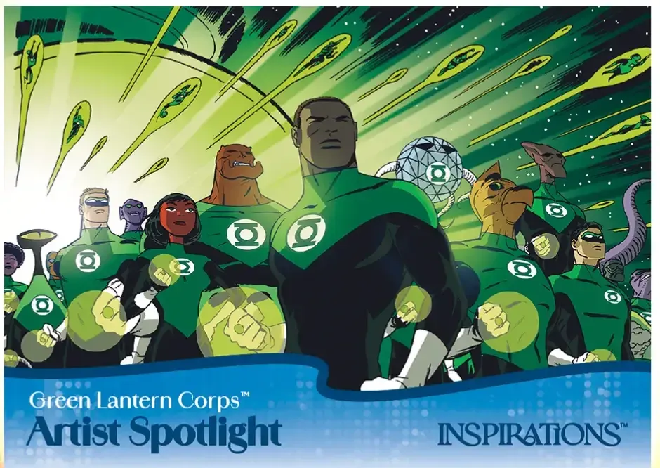 Image of card, featuring many different Lanterns of different species/ from different worlds, with rings and lantern logo.