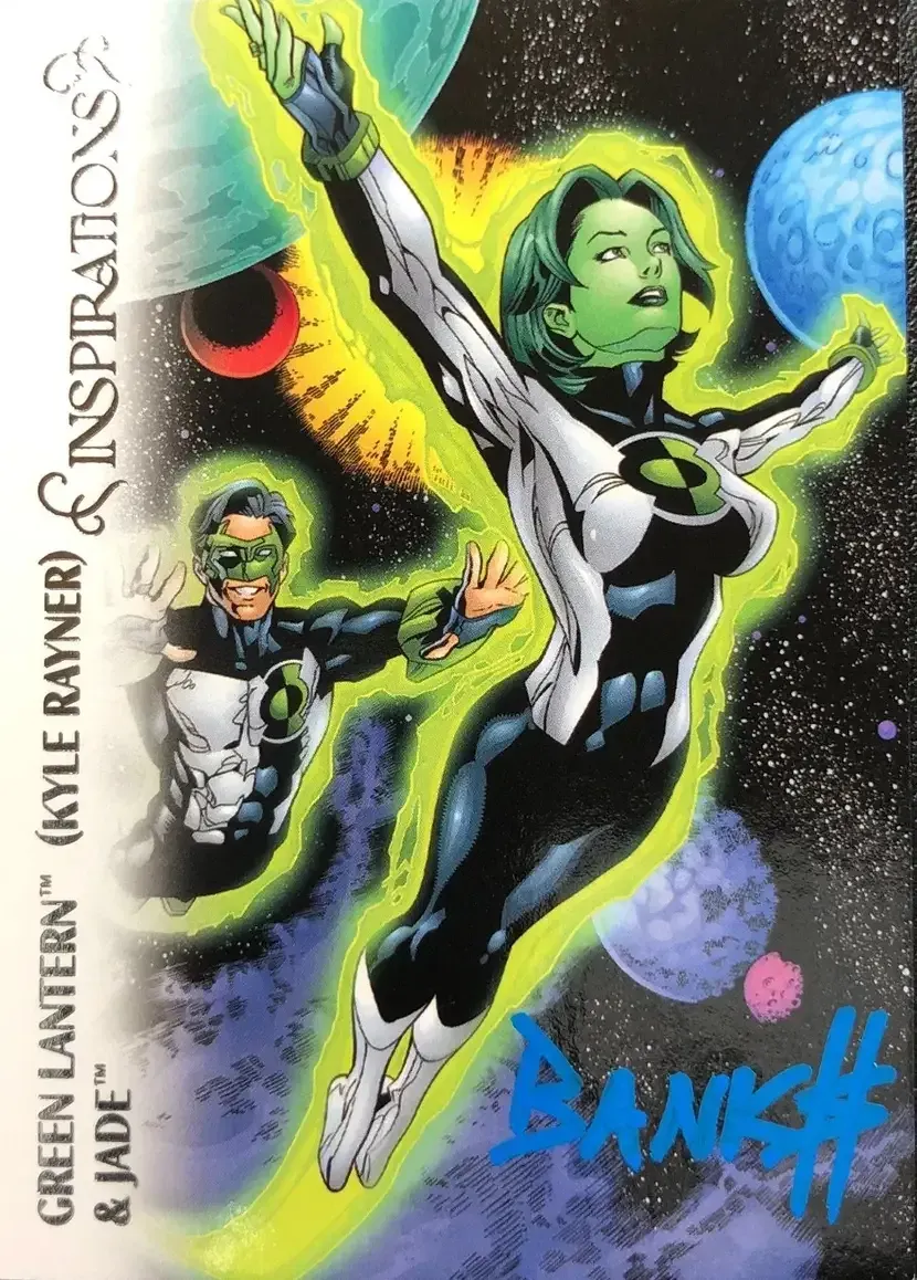 Image of Green Lantern flying through outer-space behind Jade, planets in the background, auto of artist /creator on card