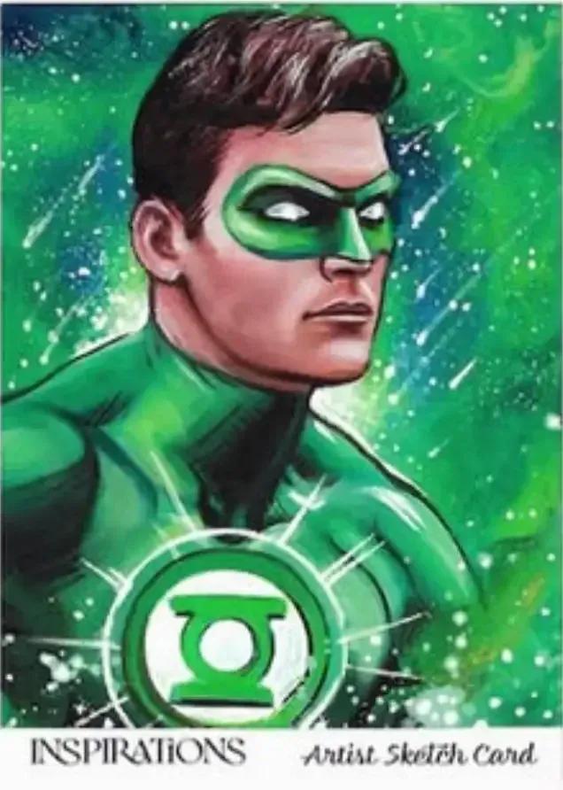 Image of green lantern with green background, a sketch card, wearing green mask with white eyes, white stars surround him.