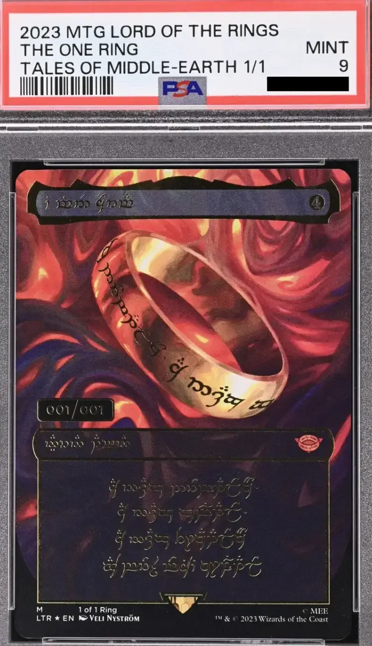 Picture of the 1/1 the ring card, golden ring on background of swirling red yellow orange and black with Tengwar script below