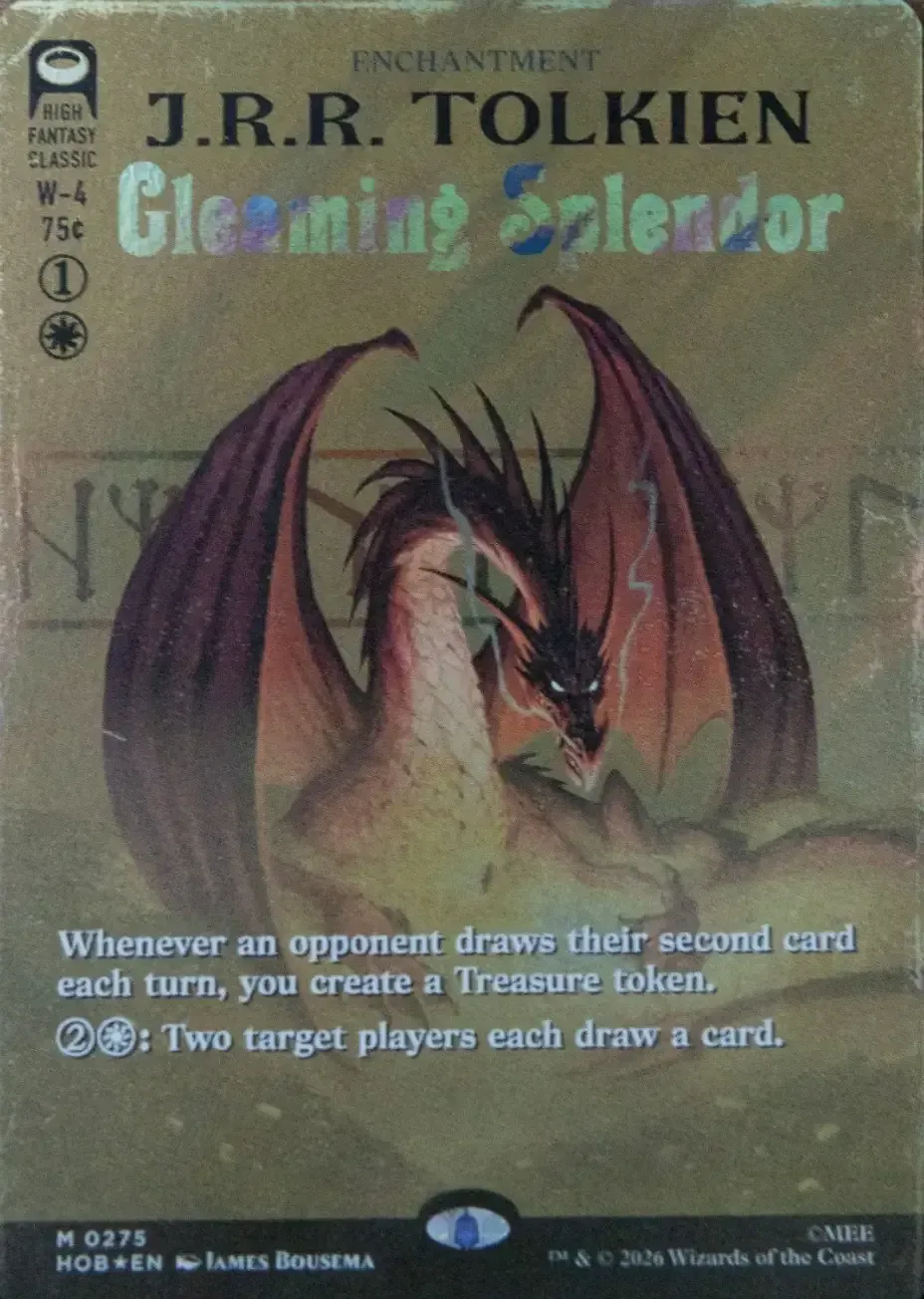 Card with worn book cover for J.R.R. Tolkien with Smaug shown in his treasure hoard and smoke streaming from his nostrils.
