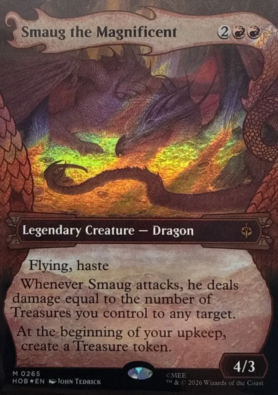 Smaug curled up on his treasure, his hoard, of gold, jewels, gems, which are glistening with the shimmering card foil.