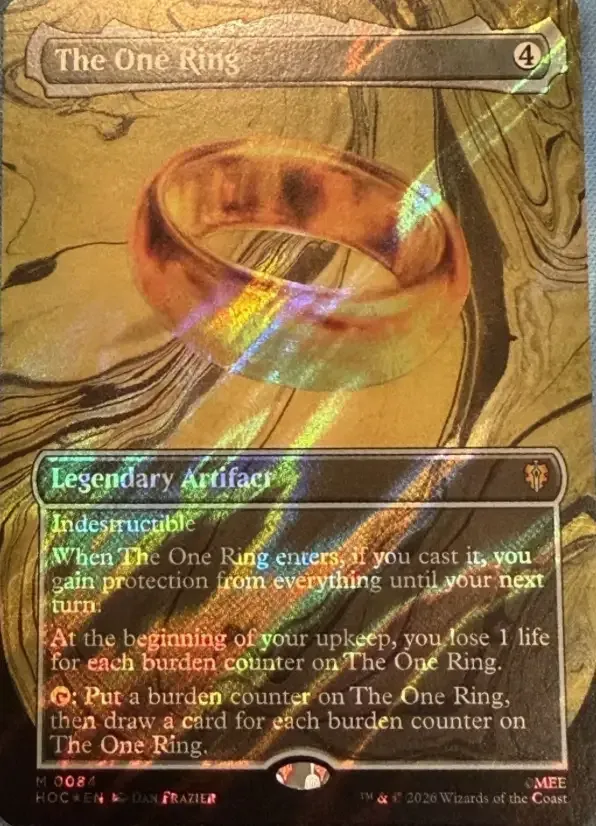 Image of the golden ring, upon a golden background with information about the legendary artifact like: industructible.
