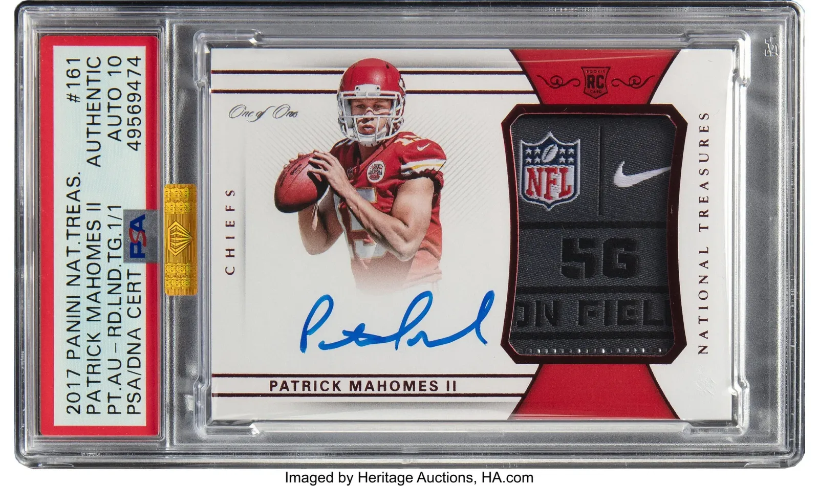 2017 Panini National Treasures Red Laundry Tag Auto Patrick Mahomes card.