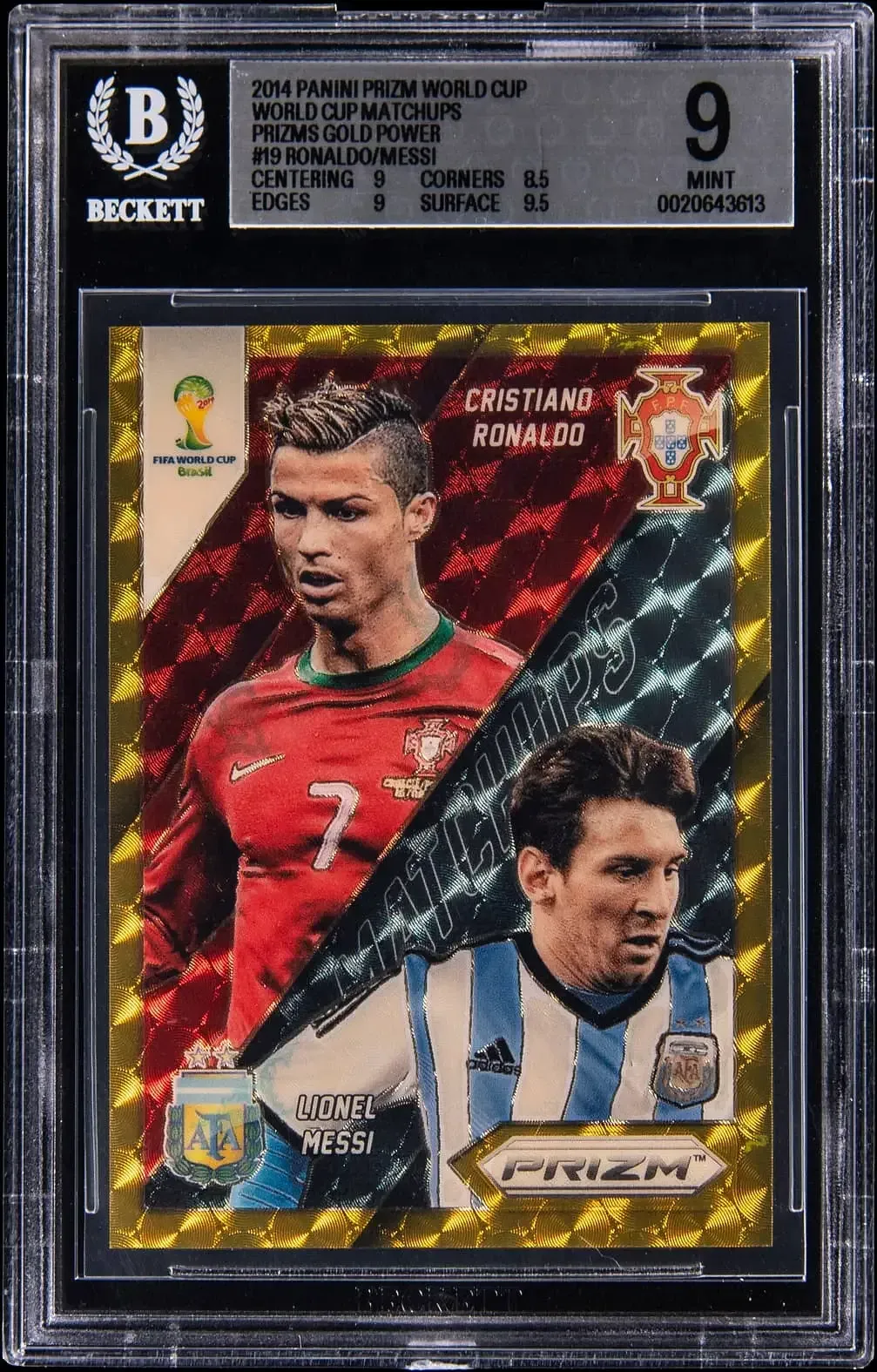 2014 Panini Prizm World Cup Matchups Messi/Ronaldo Gold Power /5