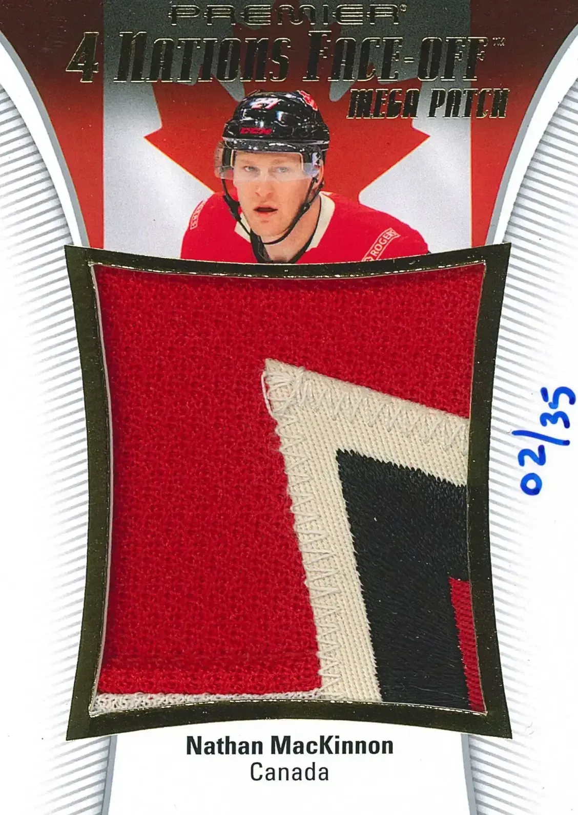 Player, with Canadian flag behind him, and peaking over a giant patch from his jersey taking up most of the card.