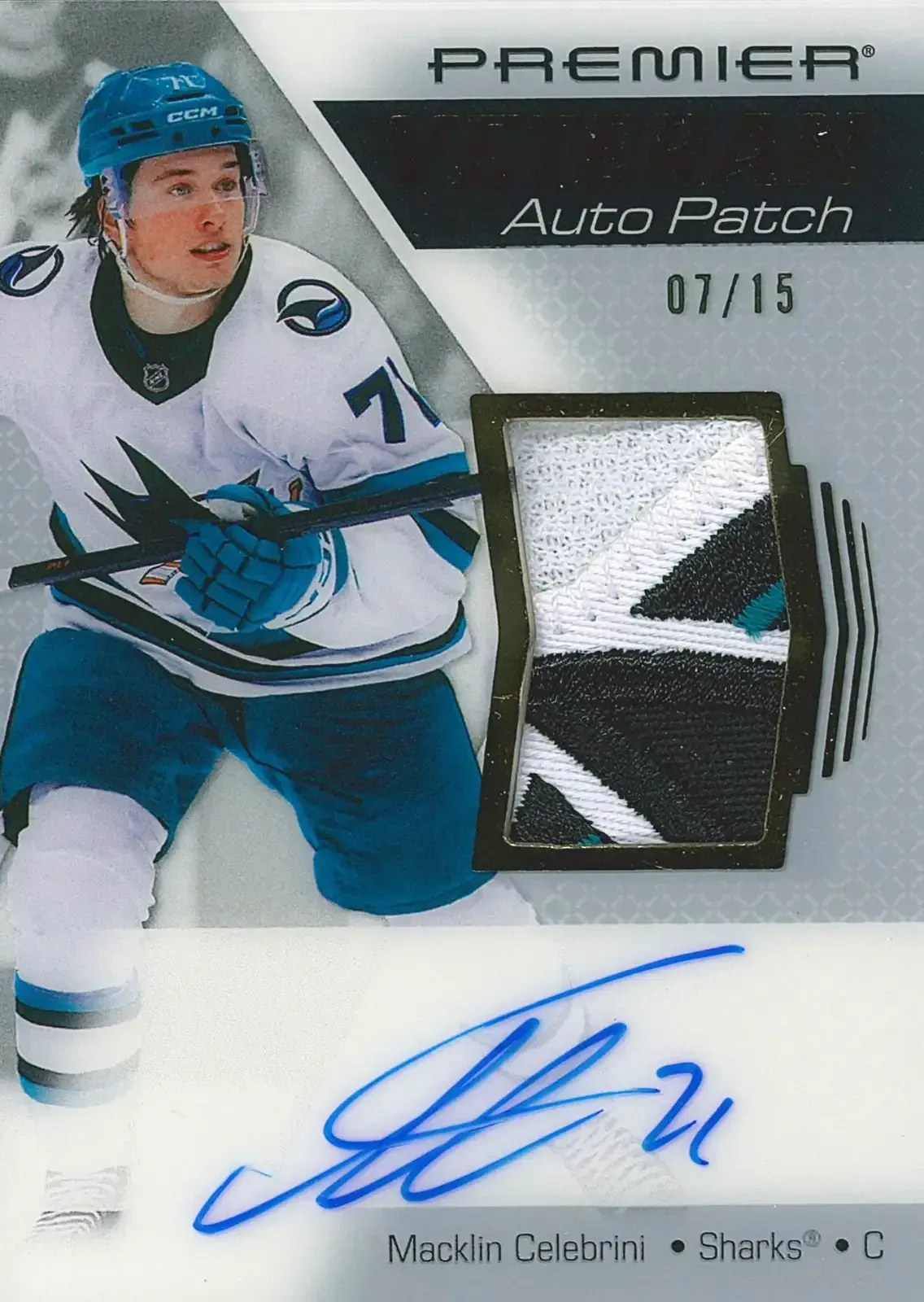 Image of player on left, patch of teal, black and white  jersey on right, and blue signature on the card below.