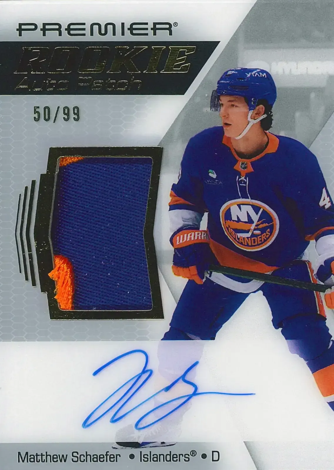 Image of card featuring player on the right, patch on the left, and blue signature below.
