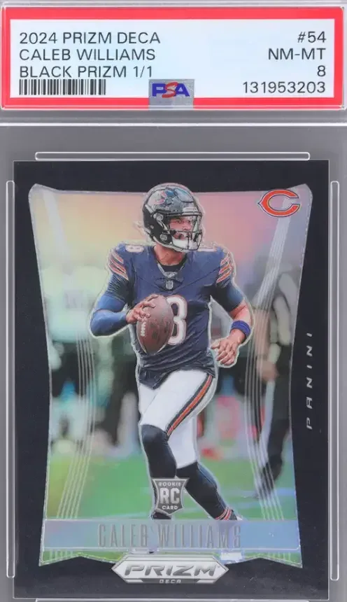 Image of Caleb Williams in Navy blue bears jersey, football in right hand, and running with eyes down field.