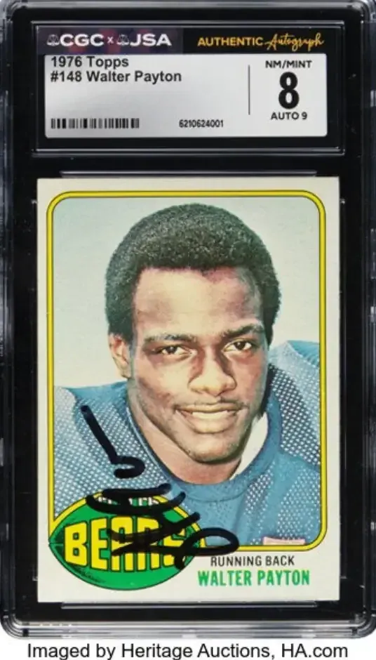 Image of player card in CGC slab, Walter Payton, with blue jersey, and black autograph.
