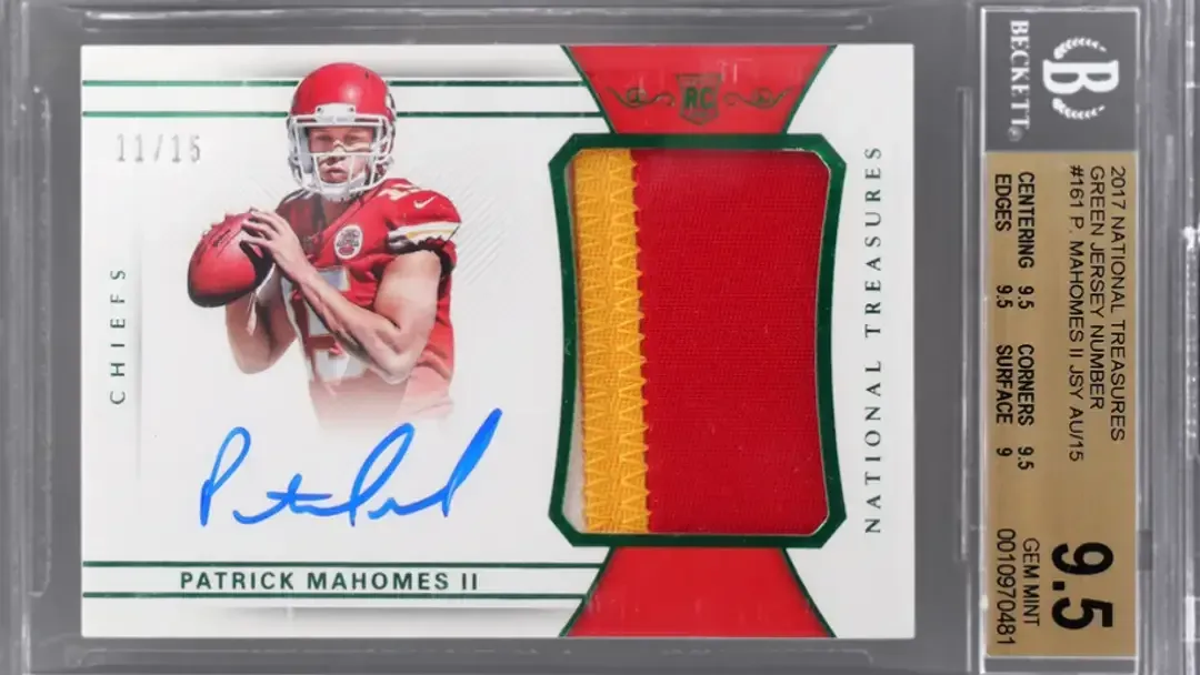 Image with Mahomes on left side of card, with blue autograph, and jersey patch on the right.
