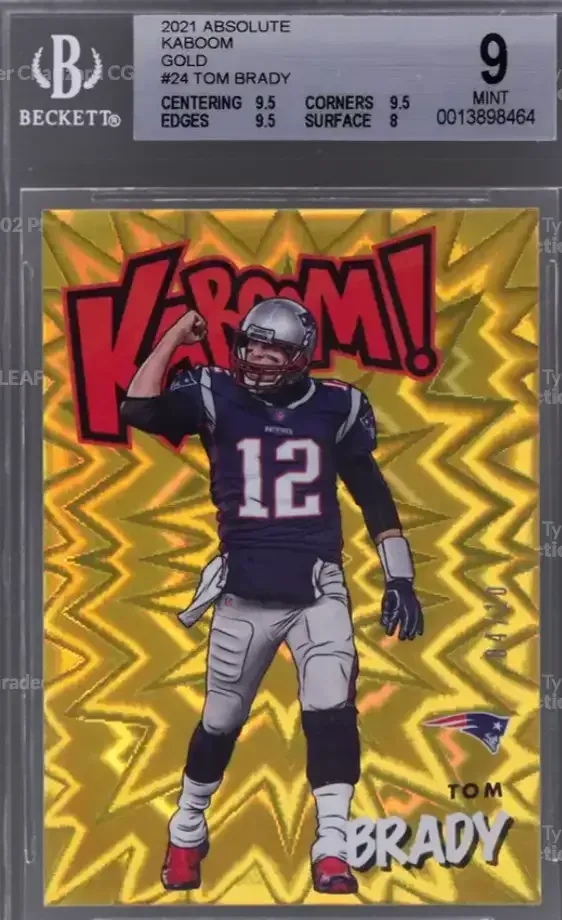 Image of Brady with 12 blue NE Patriots Jersey over top of gold background with red "Kaboom!"