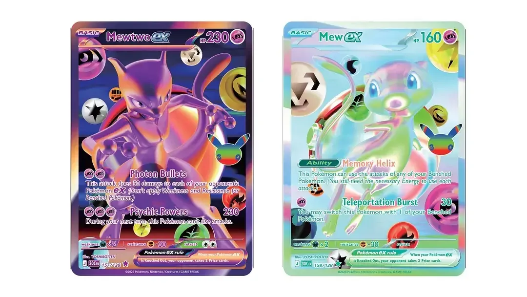 A new type of rarity, Futuristic Rare, features Mewtwo and Mew in new designs that extends to the 30th anniversary logo