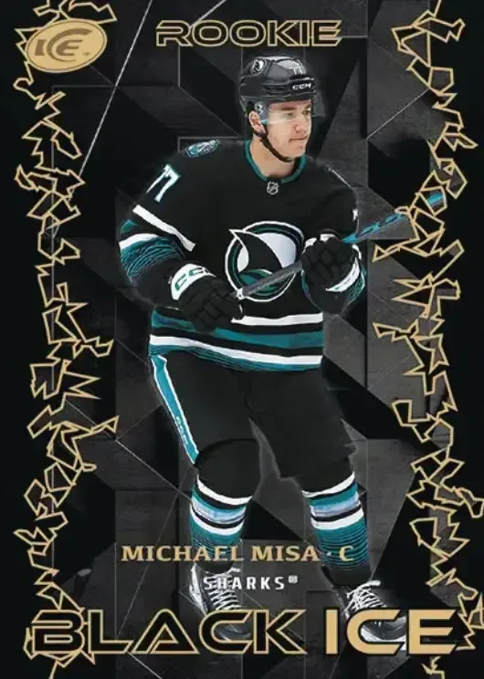 San Jose Shark Michael Misa in black and teal jersey wearing black helmet with eye shield holding teal stick over black shiny