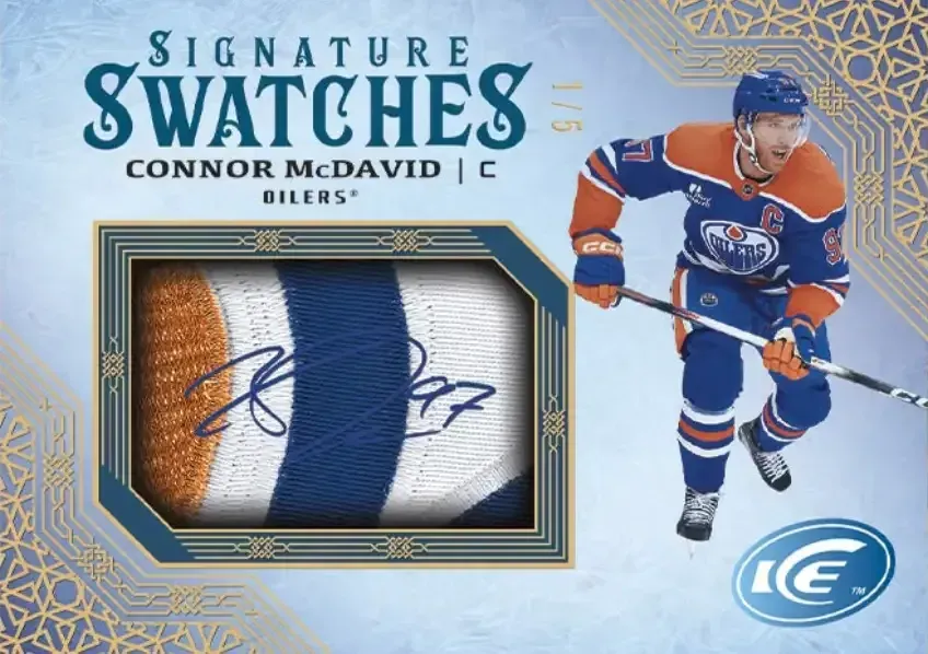 Image of player on right skating, patch with 3 colors on left with signature over the top of the patch.