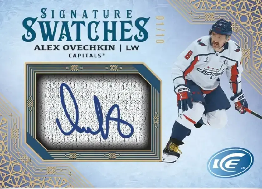 image of player on right side of the card with patch on left with player signature in blue ink