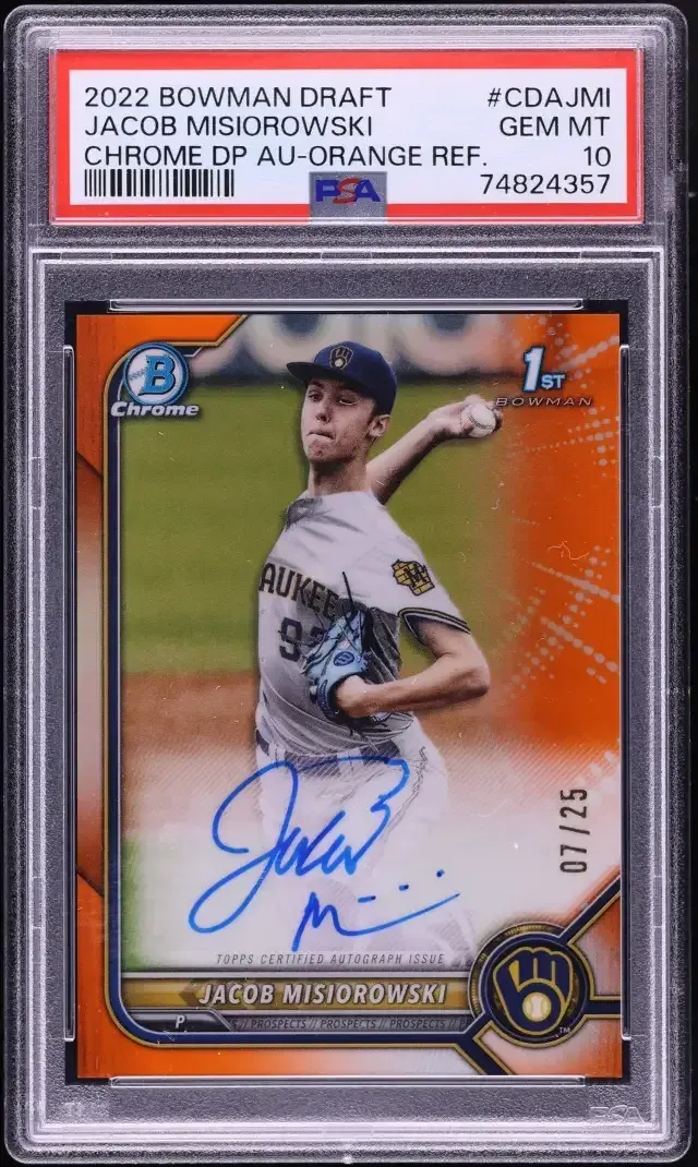 2022 Bowman Draft Jacob Misiorowski 1st Bowman Orange Refractor Auto PSA 10