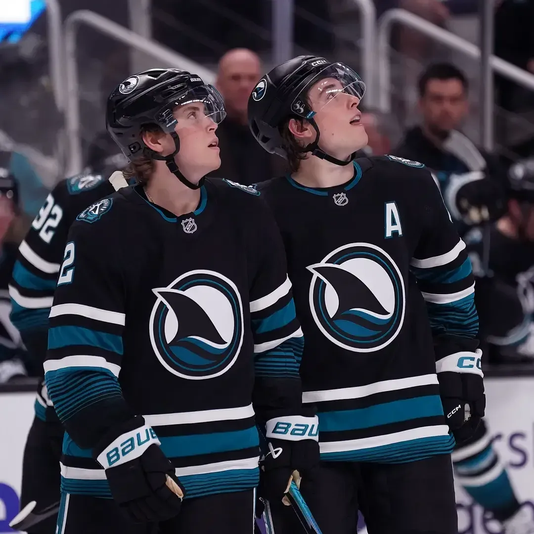 San Jose Sharks center Macklin Celebrini (71) and center Will Smith