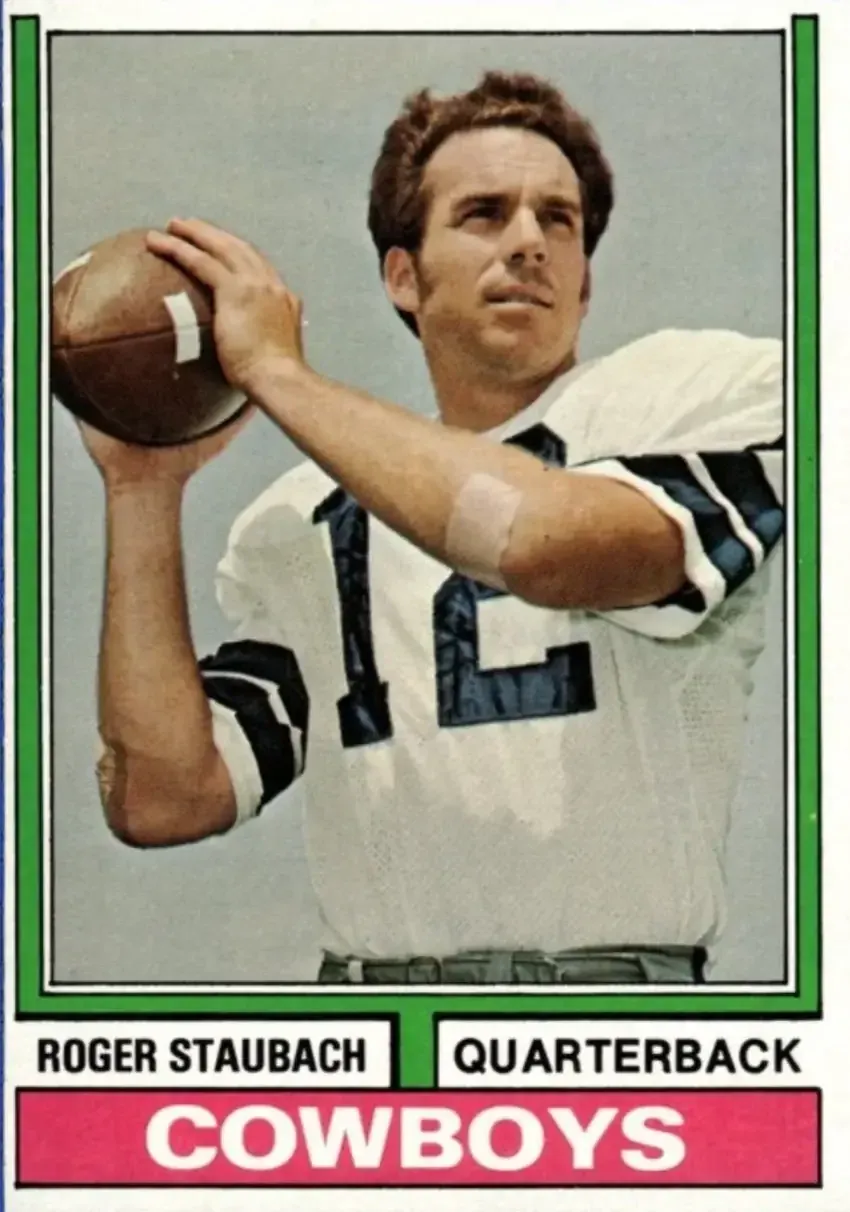 Image of player between green uprights as part of card design, Cowboys in white lettering with red rectangle.