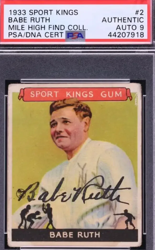 George Herman "Babe" Ruth image on card with 'Sport Kings Gum' written above and black autograph.