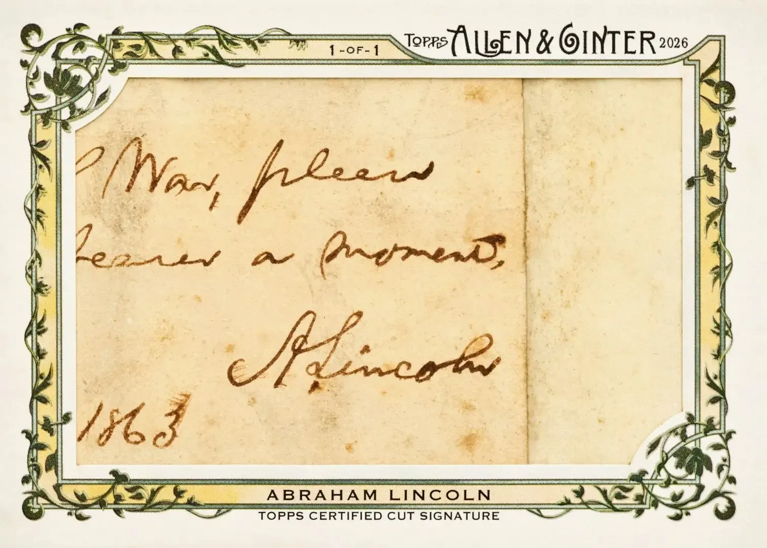 Promotional image of the Abraham Lincoln cut autograph from 2026 Allen and Ginter, releasing October 7th.
