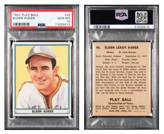 1941 Play Ball - Elden Auker - Card No. 45 - PSA 10