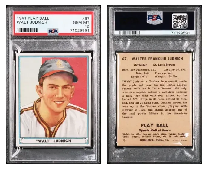 1941 Play Ball - Walt Judnich - Card No. 67 - PSA 10