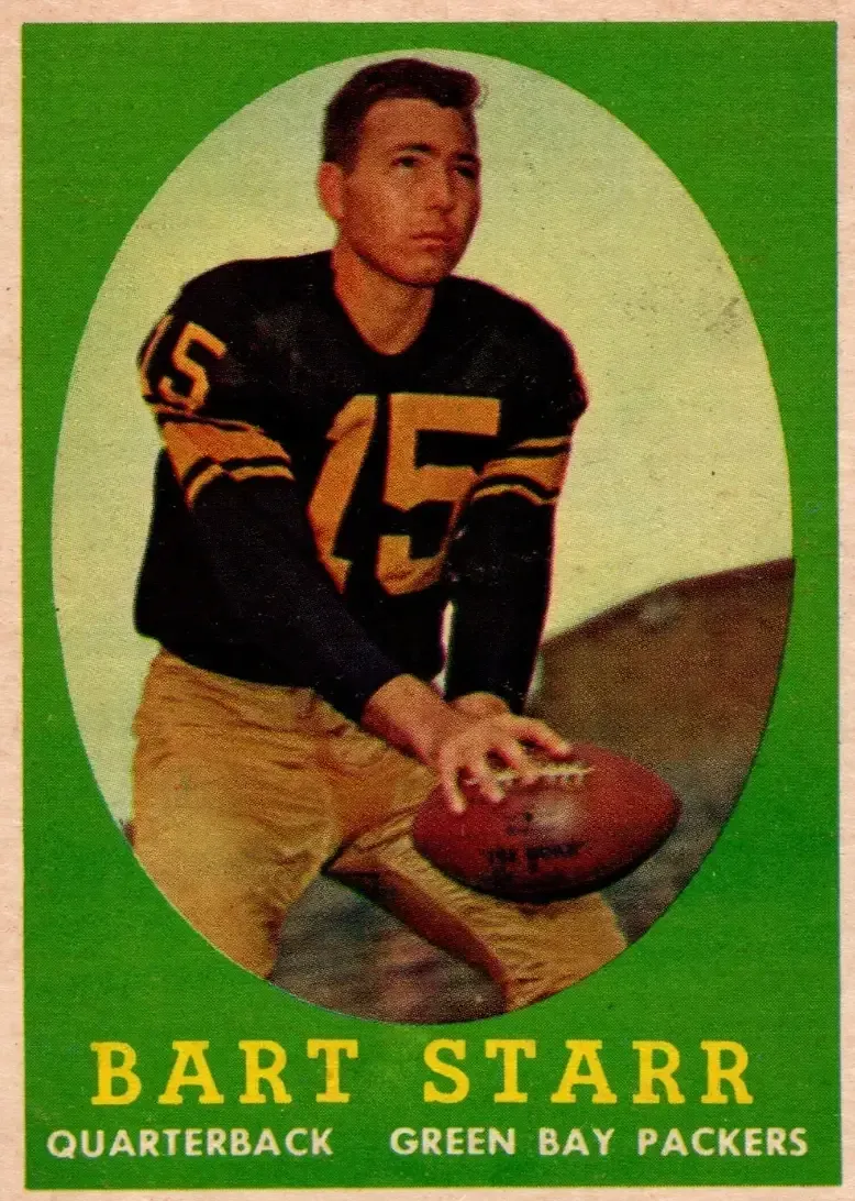 Player, #15, Bart Starr, with football in green circle on card with name below in yellow.