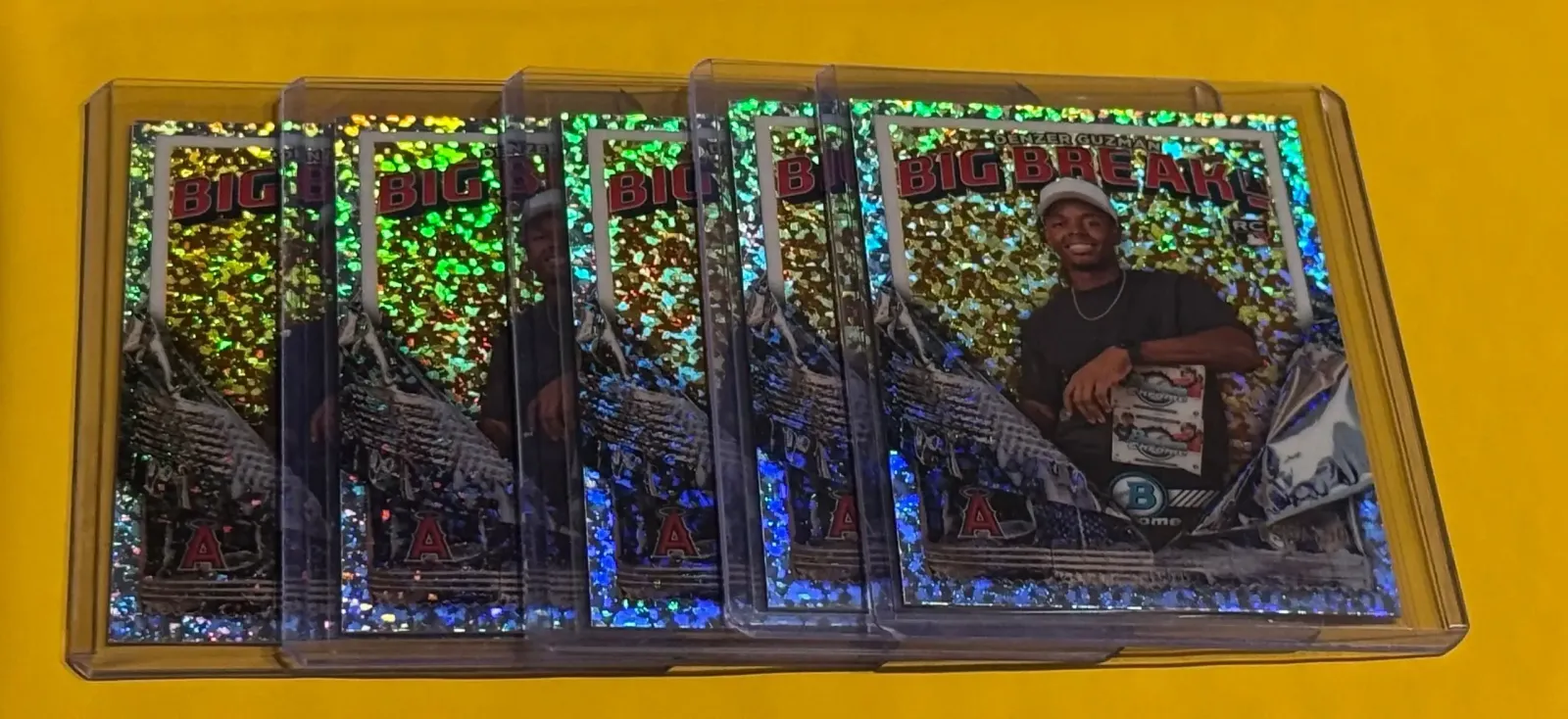 My Denzer Guzmán Mini-Diamond /150 stash—five cards, or 3.33% of the print run, with roughly 1-in-6,400 pack odds for each.