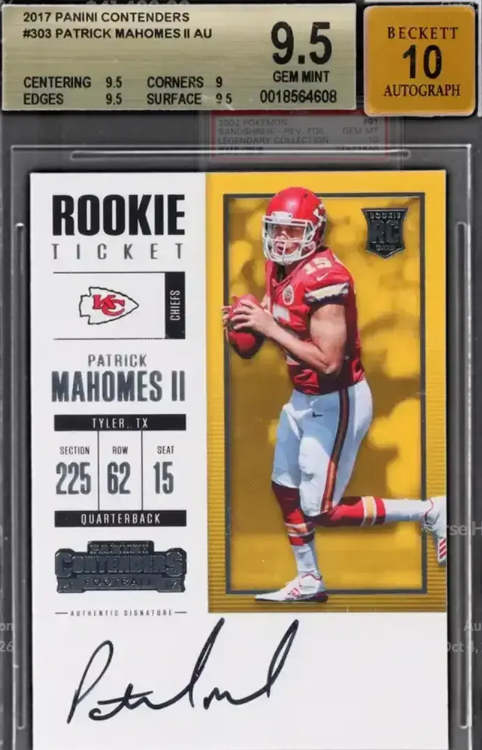 Image of Mahomes on right, black signature below, rookie written on card as well, yellow background behind player.