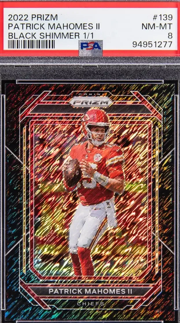 Image of Mahomes in red KC Chief's jersey on shimmering background featuring speckles of brilliant colors.