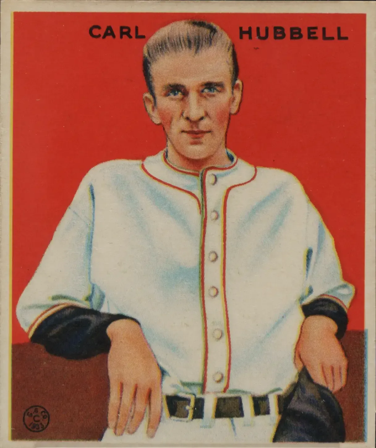 1933 Goudey Gum Company's #234 Carl Hubbell card featuring a classic red background and a hatless Hubbell