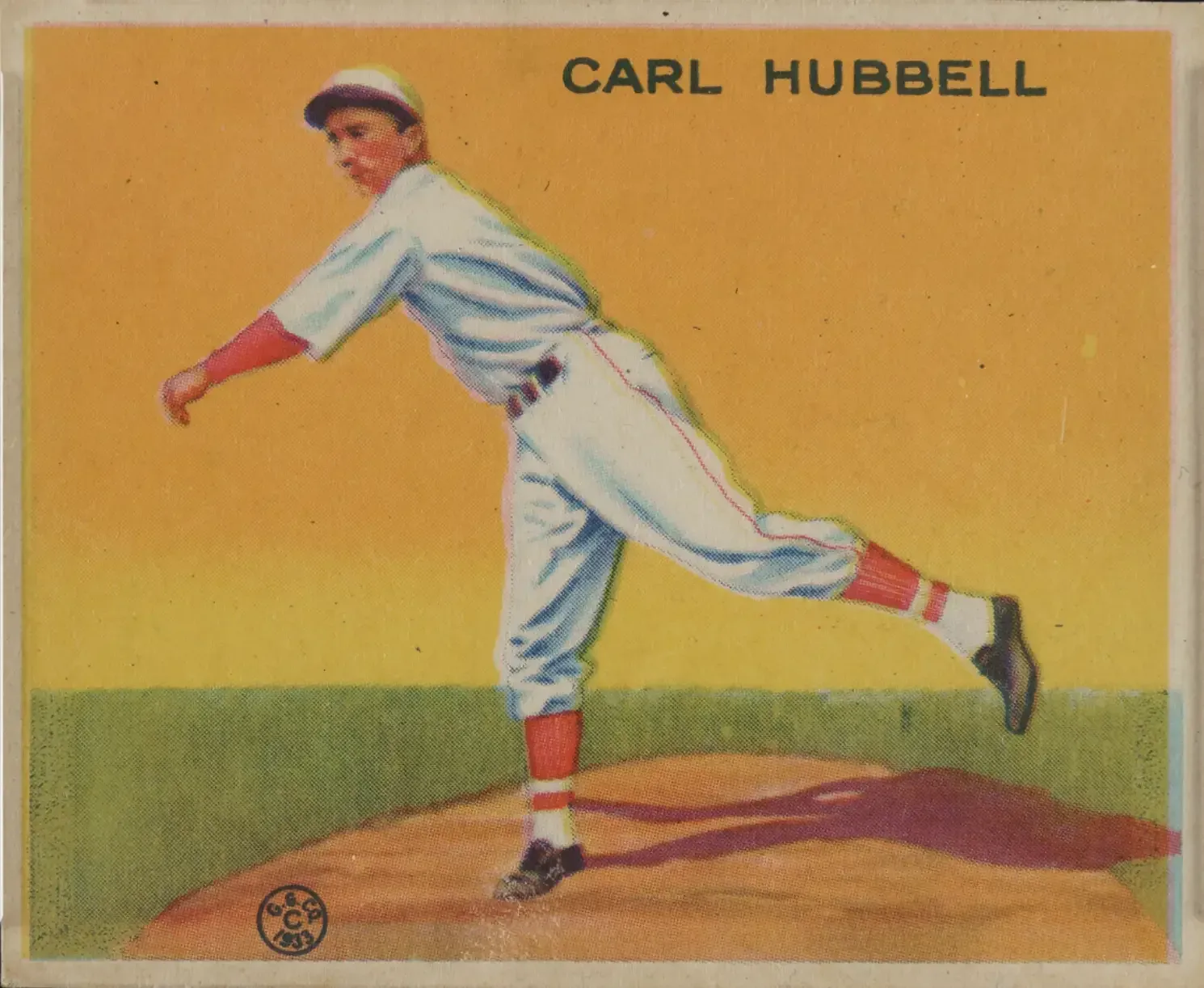A second card from the 1933 Goudey checklist that features the southpaw Hubbell, this time in mid delivery