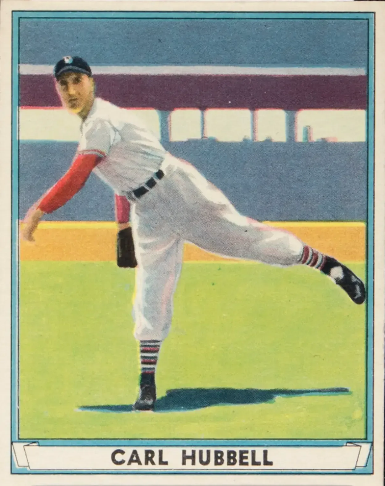 Carl Hubbell's card from the 1941 beloved Play Ball set with full color showing off the Hall of Famer's follow through
